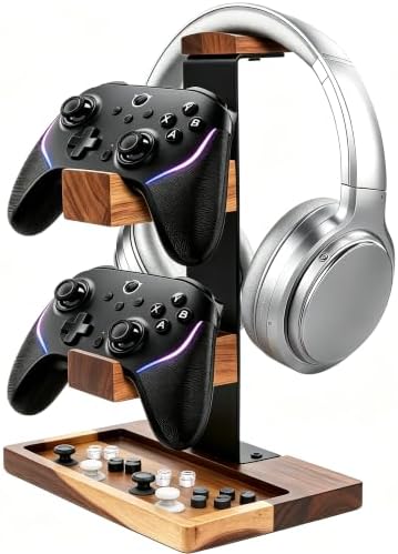 Acacia Wood Gaming Headset Stand & Dual Controller Holder, Solid Wood Desk Organizer Compatible with PS5, Xbox, Switch, Over-Ear Headphones, Gamer Gift for Men by Unknown