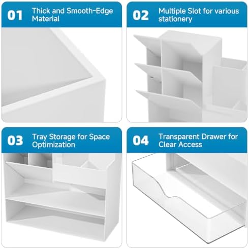 Marbrasse Plastic Pen Holder for Desk, Multi-Functional Desk Organizer Pencil Holder with Drawer, Desk Organizers and Accessories for Office Art Supplies(White) - Image 5