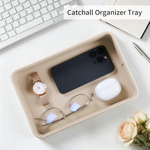 Valet Tray Organizer Bedside Nightstand Organizer Desk Catchall Tray (Beige-Gold Trim) - Image 3