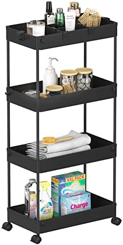 4 Tier Rolling Cart with Wheels, Storage Craft Art Trolley Organizer Serving, 3 Hanging Baskets Easy Assembly, for Office, Living Room, Kitchen - Image 6