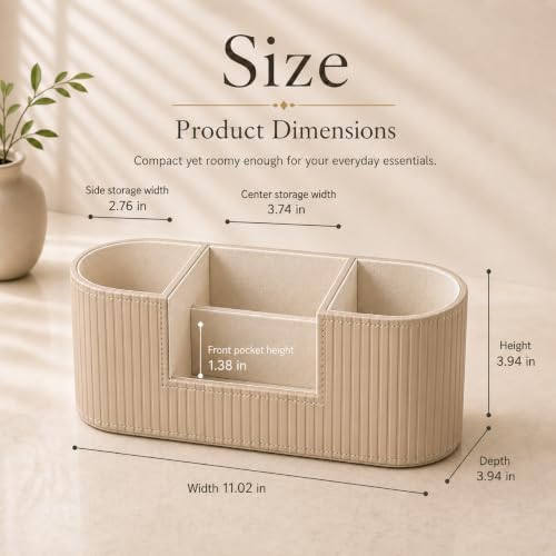 Aesthetic Desk Organizer for Women, Luxury Faux Leather Desk Accessories with 4 Compartments, Minimalist Vanity Organizer for Makeup Brushes, Beige Office Decor for Home, Bedroom & Workspace - Image 2