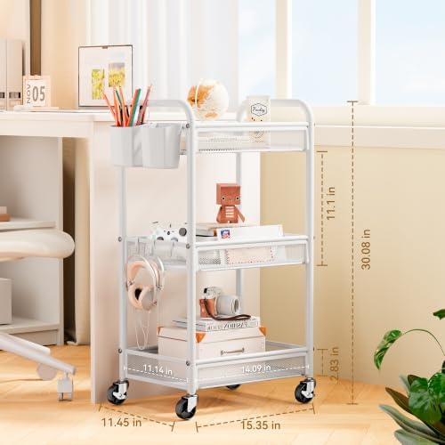 YASONIC 3 Tier Metal Rolling Cart, White Utility Storage Cart with Wheels - Image 6