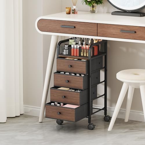 Rolling Makeup Organizer Cart - Under Desk Vanity Makeup Storage with 4 Non-woven Drawers, Nail Cart Organizer Cosmetic Display Cases Cabinet for Skin Care Perfume Nail Polish Brush Hair Tool - Image 4