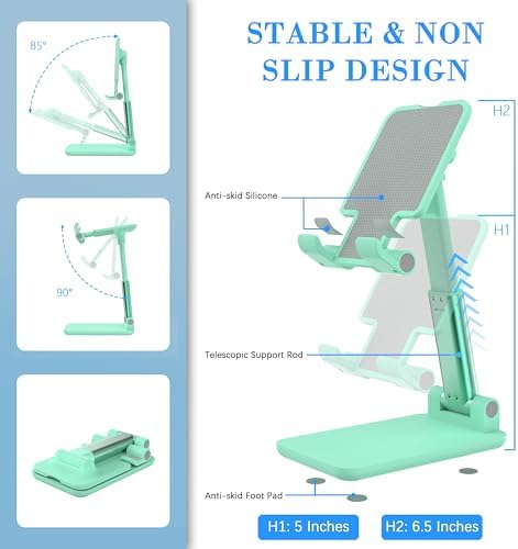 Cell Phone Stand, Adjustable Angle and Height Cell Phone Holder for Desk, Foldable and Portable, Anti-Slip Silicone Pad, Compatible with All Mobile Phones and 4-8 Inch Devices, Green - Image 7
