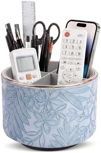 Round Leather Art Supply Organizer,Remote Control Holder,360 Degree Spinning,Multi-Functional Pencil Holder,4 Compartments Desktop Stationary Organizer(1-Golden Blue2) by Hennaja