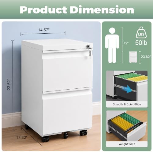 Fully Assembled 2 Drawer File Cabinet, Locking Filing Cabinet with Anti-Tipping Wheels, Quiet Slide, Heavy-Duty Steel Construction, Fits A4 Letter Legal for Home Office, Matte White - Image 3