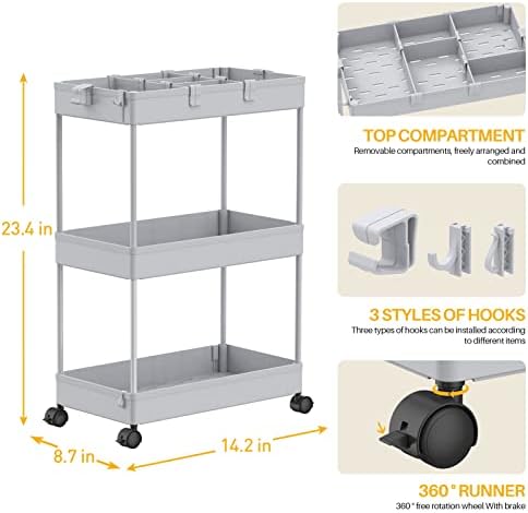 3 Tier Rolling Cart with Wheels, Storage Craft Art Trolley Organizer Serving, 3 Hanging Baskets Easy Assembly, for Office, Living Room, Kitchen, Gray - Image 3