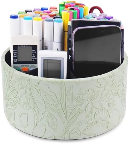 Remote Control Holder, 360°Spinning PU Leather Desk TV Remote Caddy,Desk Storage Box Room Accessories for Controller, Media,Mail,Calculator, Mobile Phone,Pencil(1-Carved Green1) by Hennaja
