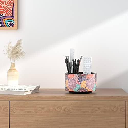 Round Leather Art Supply Organizer,Remote Control Holder,360 Degree Rotating,Multi-Functional Pencil Holder,4 Compartments Desktop Stationary Organizer(1-Colorful Flower) - Image 5