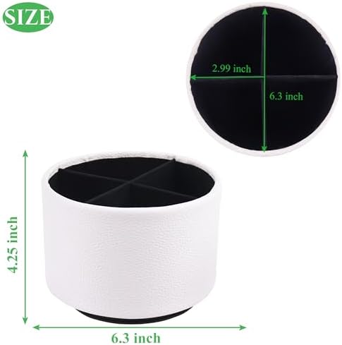 Round Leather Art Supply Organizer,Remote Control Holder,360 Degree Spinning,Multi-Functional Pencil Holder,4 Compartments Desktop Stationary Organizer(1-Lichee White) - Image 2