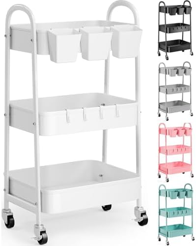 3 Tier Heavy Duty White Metal Rolling Cart with Lockable Wheels, Baby Carts by Recximi