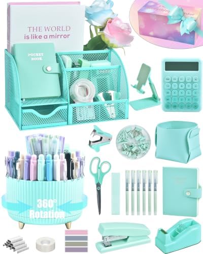 Green and Blue Desk Accessories 21-Piece Office Supplies Gift Set by StyleYourDeskinOneColor