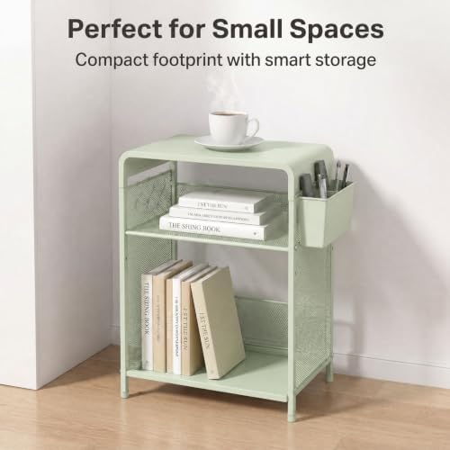 Small 3 Tier Printer Stand for Under Desk, Height Adjustable Shelf Printer Table with 3 S-Hooks & Basket, Heavy Duty Industrial Storage Shelf for Home Office (Sage Green) - Image 2