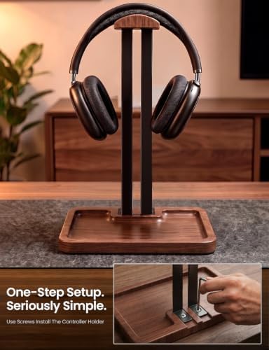 Walnut Headphone and Controller Stand, 2-in-1 Holder with Storage - Image 5