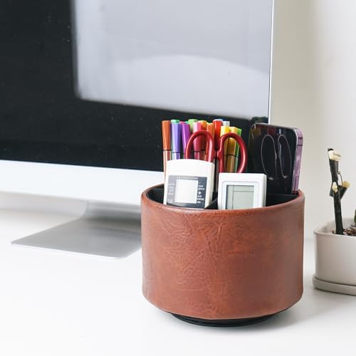 Round Leather Art Supply Organizer,Remote Control Holder,360 Degree Spinning,Multi-Functional Pencil Holder,4 Compartments Desktop Stationary Organizer(1-Crazy Red) - Image 7