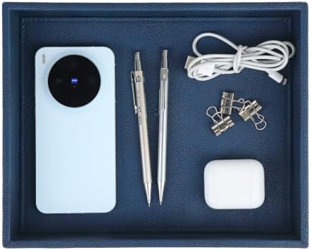 HofferRuffer Faux Leather Vanity Tray, Elegant Desktop Storage Organizer, Decorative Catchall for Perfume, Bathroom Valet, Nightstand or Dresser, 10.2 x 8.4 x 1.8 inches (Dark Blue) by HofferRuffer