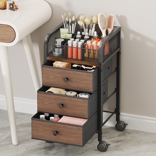 Rolling Makeup Organizer Cart - Under Desk Vanity Makeup Storage with 3 Non-woven Drawers, Nail Cart Organizer Cosmetic Display Cases Cabinet for Skin Care Perfume Nail Polish Brush Hair Tool - Image 4