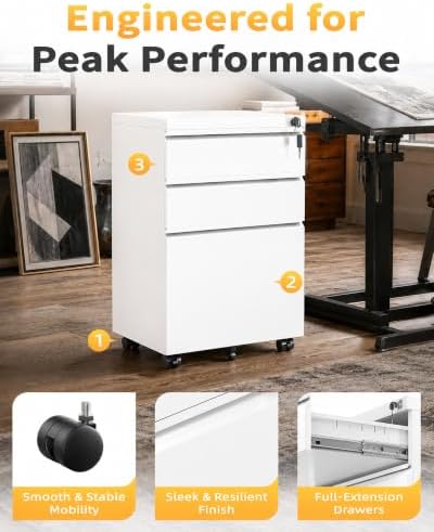 Fully Assembled 3-Drawer Mobile File Cabinet with Lock, Under Desk Storage - Image 5