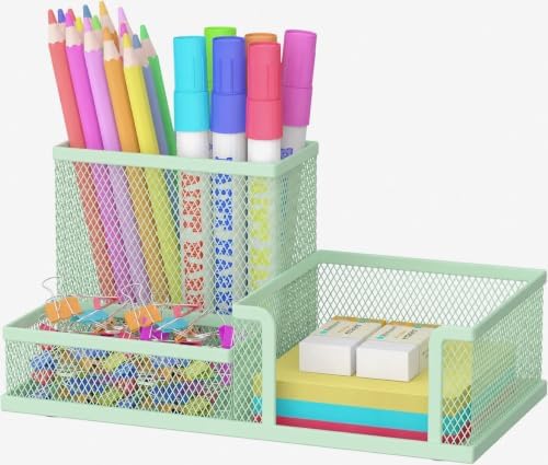 Pen Holder Desk Organizer, Office Supplies Pencil Holder with 3 Compartments, Desk Accessories and Workspace Organizers for Home School Classroom, Green by SUPEASY