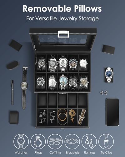 Mens Watch Box Jewelry Organizer, 2-Layer 20-Slot Watch Case -Black - Image 3