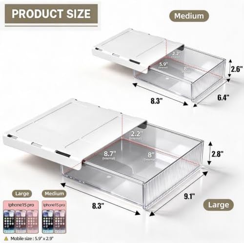 2Pcs Under Desk Storage Drawers Slide Out,Large&Medium,Stick On Drawers,Under Desk Organizer Hidden Under Table Drawer for Home Office School Organization and Storage-Clear White - Image 5