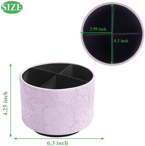 Round Leather Art Supply Organizer,Remote Control Holder,360 Degree Spinning,Multi-Functional Pencil Holder,4 Compartments Desktop Stationary Organizer(1-Carved Purple) - Image 2