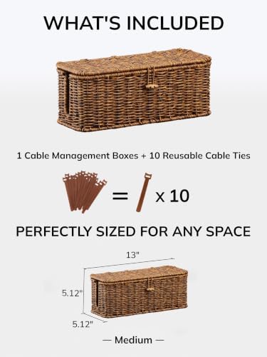 Cable Management Box, Cord Organizer with Lid & Cable Ties - Brown, M - Image 2