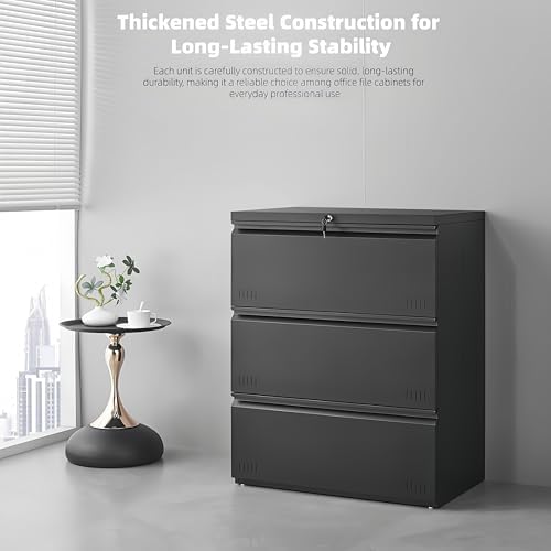 Lateral 3 Drawer File Cabient with Lock, Metal Filing Cabinets for Home Office, Heavty Duty Office Storage Cabinet for A4/Letter/Legal (Matte Black) - Image 7