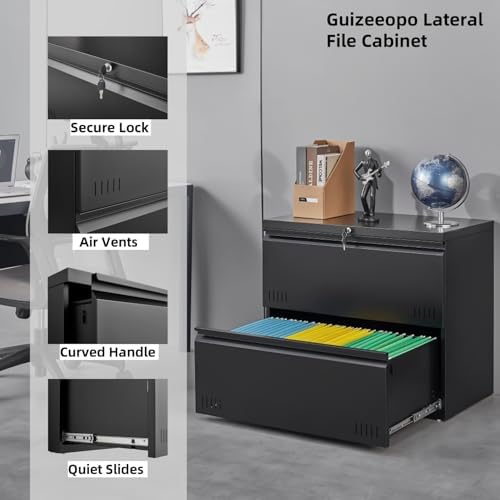 2 Drawer File Cabinet, Lateral File Cabinet with Lock, Printer Stand, Heavy Duty Office Storage Cabinet, Filing Cabinets for Home Office, A4/Letter/Legal Size, Assembly Required(Black) - Image 4