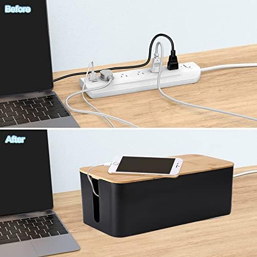 Cable Management Box Organizer, Set of 3 Bamboo Lid Storage Wires Holder to Cover Hide Surge Protector, Power Strips & Cord on Desk Floor - with 5 Cord Organized Tape for Home, Office, PC, TV, USB Hub - Image 4