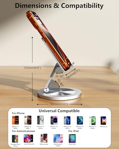 Phone Stand for Desk, 360° Rotating Dual Adjustable Foldable Cell Phone Holder, Heavy Solid All-Aluminum Base Anti-Slip Stable Support for Home Office Study, Fits iPhone Galaxy 4-8" Phones - Image 6