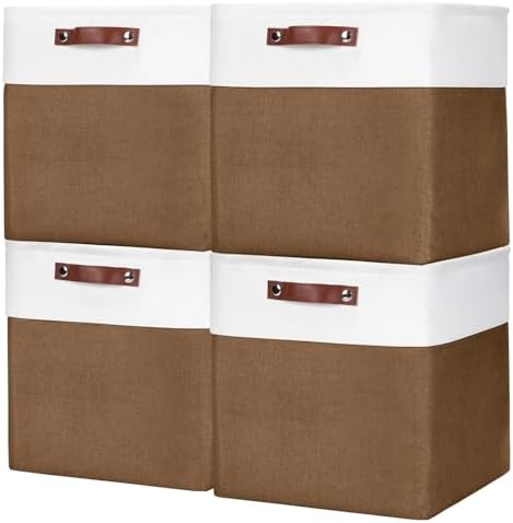 13x13 Cube Storage Bins, Collapsible Fabric Storage Box, 4 Pack Closet Baskets with Handles for Organizing, Shelf, Toys, Clothes, Home, Office, Nursery (Brown&White) by Bagnizer