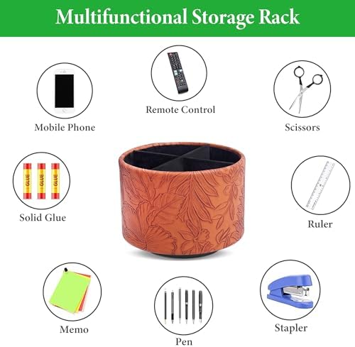 Round Leather Art Supply Organizer,Remote Control Holder,360 Degree Spinning,Multi-Functional Pencil Holder,4 Compartments Desktop Stationary Organizer(1-Carved Brown) - Image 5