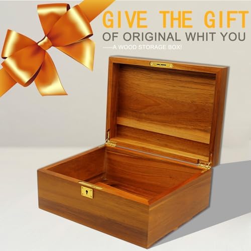 Wooden Box Decorative Large Acacia Wooden Storage Box with Hinged Lid and Locking Key Premium Keepsake Stash Box Lockable Chest for Keepsakes, Valuables, Accessories, Treasured Items(Lock No Grid) - Image 2