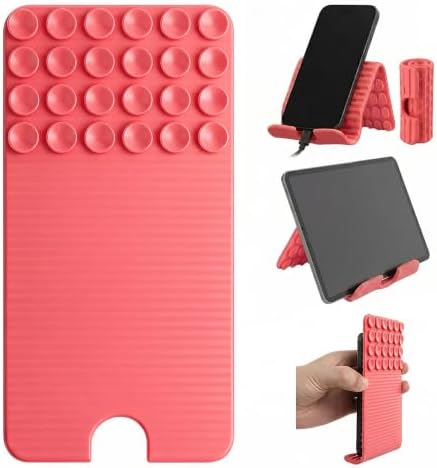 Flexible Silicone Aluminum Phone Holder Tablet Stand with Charging Port Design, Foldable Airplane Laptop/Phone Stand for Home Office Travel (Pink - with Suction) by ZURCAS