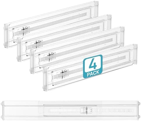 Vtopmart 4 Pack Shallow Drawer Dividers, 2.36" High 12.5"-20.8" Adjustable Expandable Kitchen Drawer Organizer, Clear Plastic Organizer Separators for Flatware, Utensil, Cutlery, Underwear, Clothes by Vtopmart