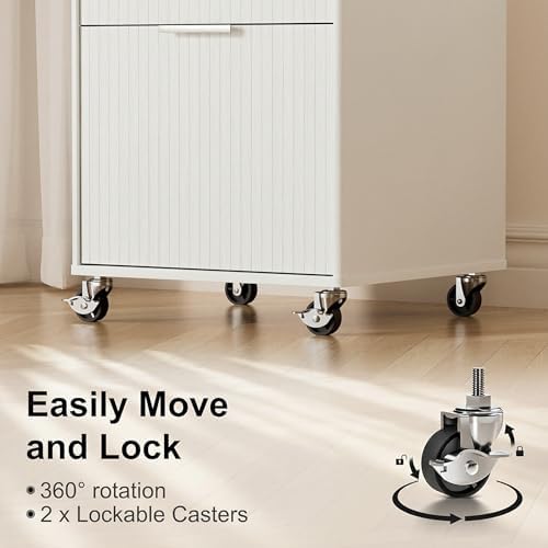 3 Drawers Fluted Mobile File Cabinet with Lock, Rolling File Cabinet Printer Stand Table, Under Desk Wooden Filing Cabinets for Home Office Essentials Storage Organization Furniture Letters/A4(White) - Image 5