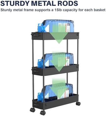 3 Tier Rolling Cart with Wheels, Storage Craft Art Trolley Organizer Serving, 3 Hanging Baskets Easy Assembly, for Office, Bathroom，Living Room, Kitchen, Black - Image 4