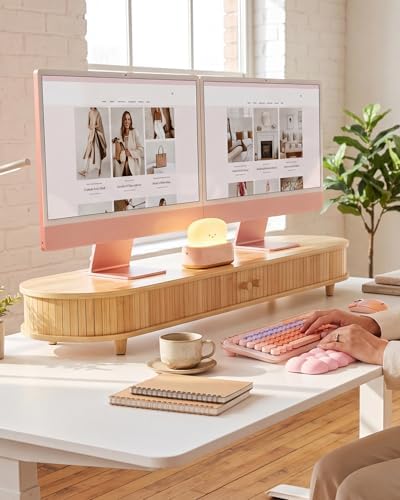 Bamboo Computer Monitor Stand Riser,Curved Wood Desk Shelf by WELLWENG