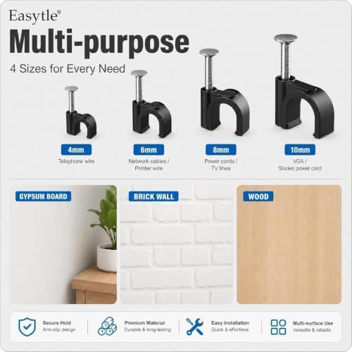 200 Pcs Cable Clips 4/6/8/10mm Nail in Cable Clips Cable Wire Clips Cable Tacks Coax Cable Speaker Wire Clips Cable Nails for Cords Wall Wire Clips RG6 RG59 CAT6 RJ45 Ethernet Cable Clips Black - Image 6