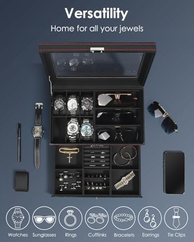 Mens Jewelry Box Organizer, 6 Watch Slots & 3 Sunglasses -Black - Image 3
