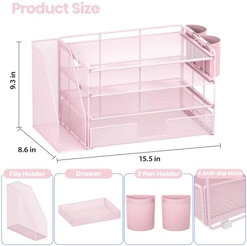 Desk Organizer, 4-Tier Desktop File Organizer with Drawer and Pen Holders, Office Desk Accessories, File Sorters, Workspace Organizers for Office Supplies(Pink) - Image 6