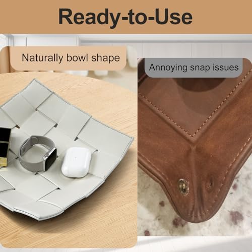 Valet Tray for Men and Women PU Leather Key Holder Bowl for Entryway Table Bedside Nightstand Desk Catchall Organizer Tray for Wallet, Watch, Key, Phone Men's Gift - 9.8" L x 9.8" W x 2" H - Image 3