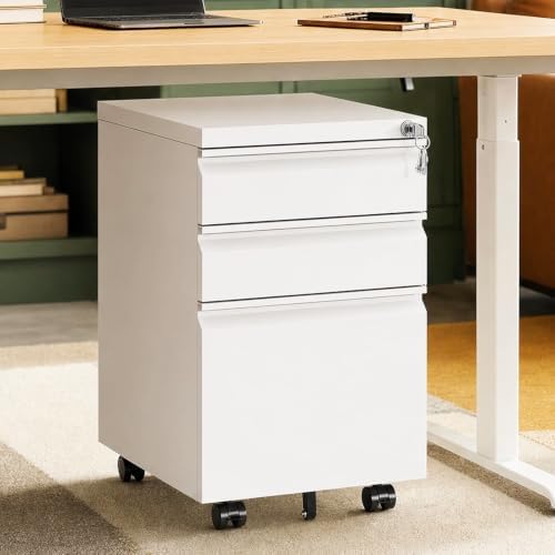 White 3 Drawer Metal File Cabinet with Lock and Casters by Unknown