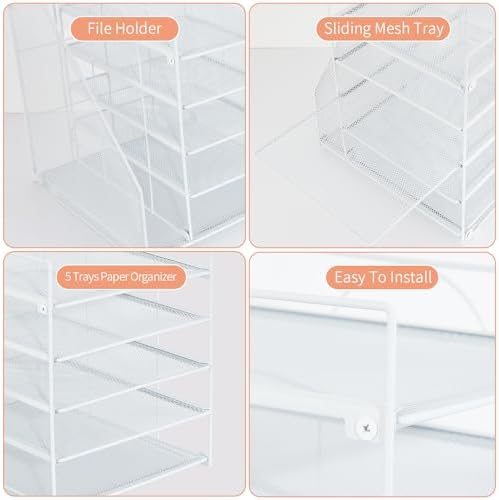 Desk Organizers and Accessories, 5-Tier Paper Letter Tray Organizer with File Holder, Desktop Organizer for Office Supplies (White) - Image 5
