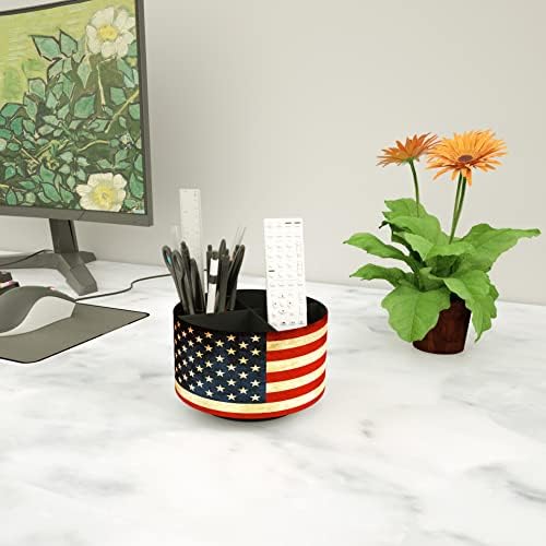 Round Leather Art Supply Organizer,Remote Control Holder,360 Degree Rotating,Multi-Functional Pencil Holder,4 Compartments Desktop Stationary Organizer(1-American Flag) - Image 5