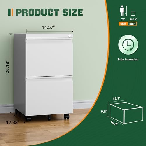 2 Drawer Mobile File Cabinet with Lock,Under Desk Metal Filing Cabinets for Home Office Organizer Letters/Legal/A4(Fully Assembled-White) - Image 3