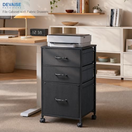 DEVAISE Mobile File Cabinet, Rolling Printer Stand with 3 Drawers, Fabric Vertical Filing Cabinet fits A4 or Letter Size for Home Office, Black - Image 2