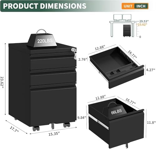 3 Drawer File Cabinet with Lock, Black Metal, Under Desk - Image 2