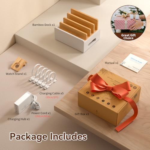 Bamboo Charging Station with USB Charger&Cables-Natural+White - Image 7